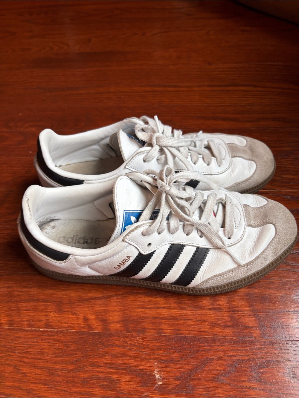 adidas Samba White Sneakers with Black Stripes and Tan Suede Accents - Picture 2 of 6
